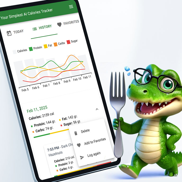 App History screen - review your meals, repeat or delete